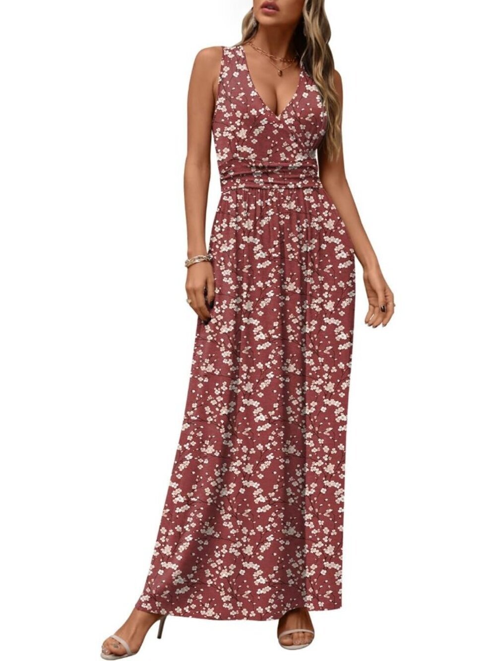 Women's Plum  Blossom Sleeveless Summer Casual Formal Long Pockets Maxi Dress